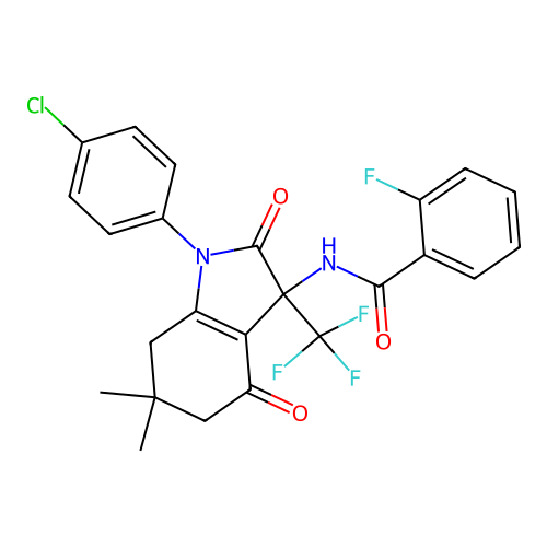 N-[1-(4-chlorophenyl)-6,6-dimethyl-2,4-dioxo-3-(trifluoromethyl)-2,3,4,5,6,7-hexahydro-1H-indol-3-yl]-2-fluorobenzamide structure