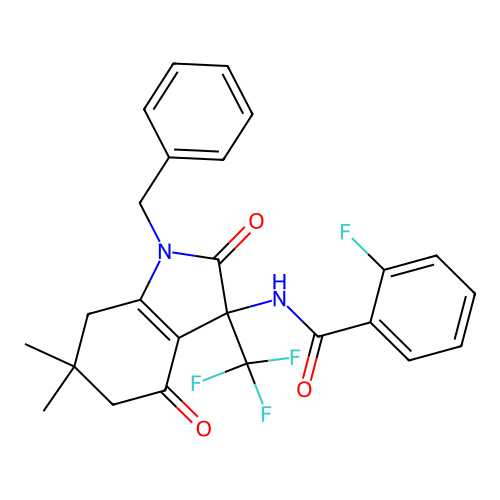 N-[1-benzyl-6,6-dimethyl-2,4-dioxo-3-(trifluoromethyl)-2,3,4,5,6,7-hexahydro-1H-indol-3-yl]-2-fluorobenzamide structure