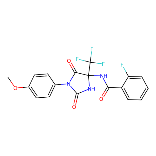 2-fluoro-N-[1-(4-methoxyphenyl)-2,5-dioxo-4-(trifluoromethyl)imidazolidin-4-yl]benzamide structure