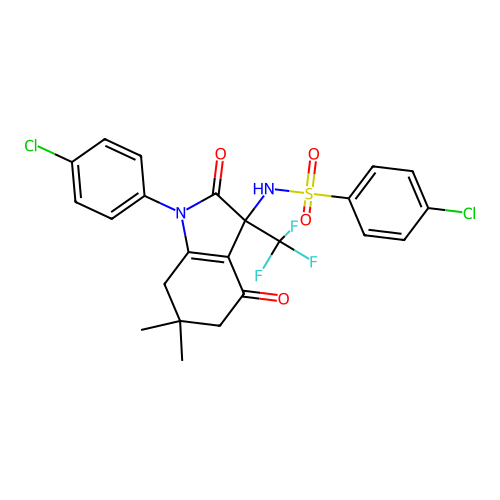 4-chloro-N-[1-(4-chlorophenyl)-6,6-dimethyl-2,4-dioxo-3-(trifluoromethyl)-2,3,4,5,6,7-hexahydro-1H-indol-3-yl]benzenesulfonamide structure