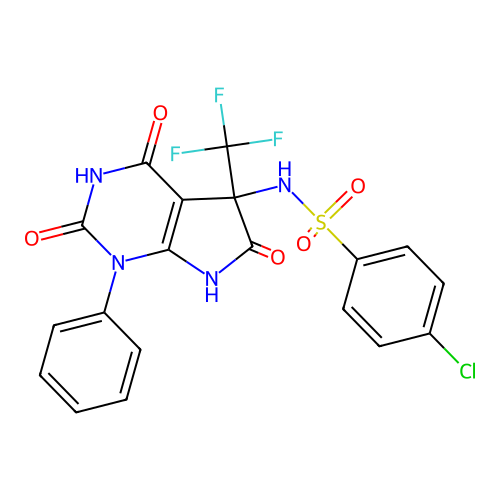 4-chloro-N-(2,4,6-trioxo-1-phenyl-5-(trifluoromethyl)-2,3,4,5,6,7-hexahydro-1H-pyrrolo[2,3-d]pyrimidin-5-yl)benzenesulfonamide structure