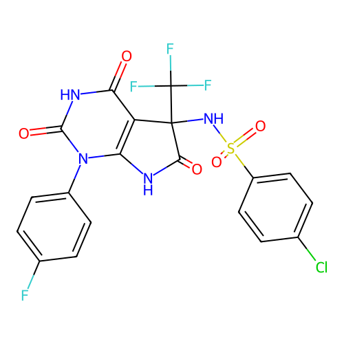 4-chloro-N-(1-(4-fluorophenyl)-2,4,6-trioxo-5-(trifluoromethyl)-2,3,4,5,6,7-hexahydro-1H-pyrrolo[2,3-d]pyrimidin-5-yl)benzenesulfonamide structure