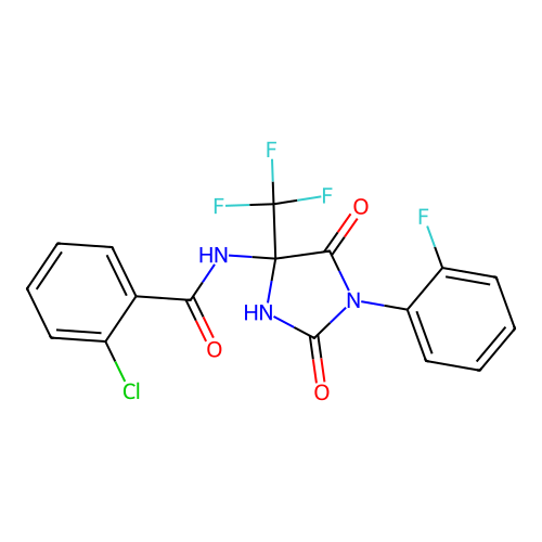 2-chloro-N-[1-(2-fluorophenyl)-2,5-dioxo-4-(trifluoromethyl)imidazolidin-4-yl]benzamide structure