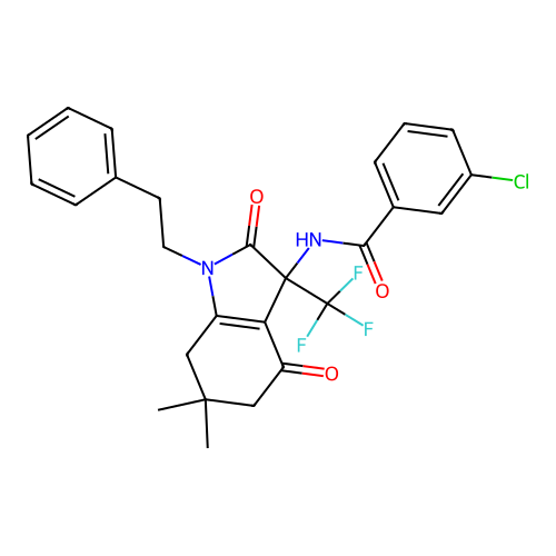 3-chloro-N-[6,6-dimethyl-2,4-dioxo-1-(2-phenylethyl)-3-(trifluoromethyl)-2,3,4,5,6,7-hexahydro-1H-indol-3-yl]benzamide structure