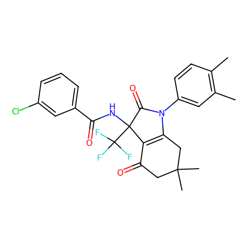 3-chloro-N-[1-(3,4-dimethylphenyl)-6,6-dimethyl-2,4-dioxo-3-(trifluoromethyl)-2,3,4,5,6,7-hexahydro-1H-indol-3-yl]benzamide structure
