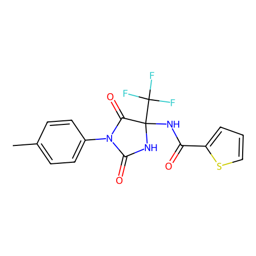 N-[1-(4-methylphenyl)-2,5-dioxo-4-(trifluoromethyl)imidazolidin-4-yl]thiophene-2-carboxamide structure