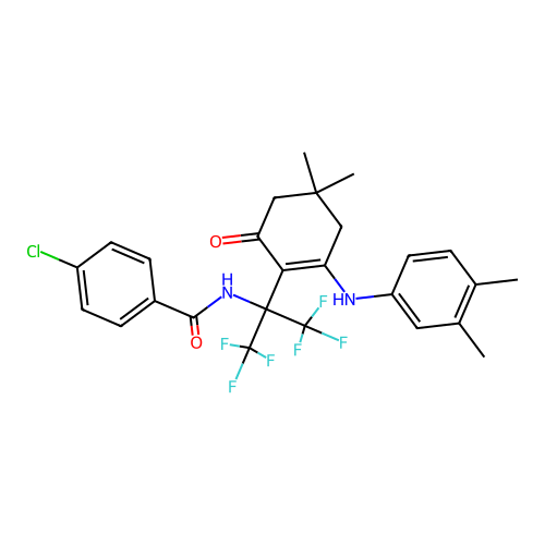 4-chloro-N-(2-(2-((3,4-dimethylphenyl)amino)-4,4-dimethyl-6-oxocyclohex-1-en-1-yl)-1,1,1,3,3,3-hexafluoropropan-2-yl)benzamide structure
