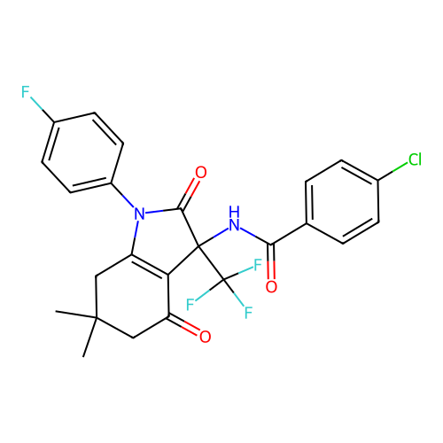4-chloro-N-[1-(4-fluorophenyl)-6,6-dimethyl-2,4-dioxo-3-(trifluoromethyl)-2,3,4,5,6,7-hexahydro-1H-indol-3-yl]benzamide structure