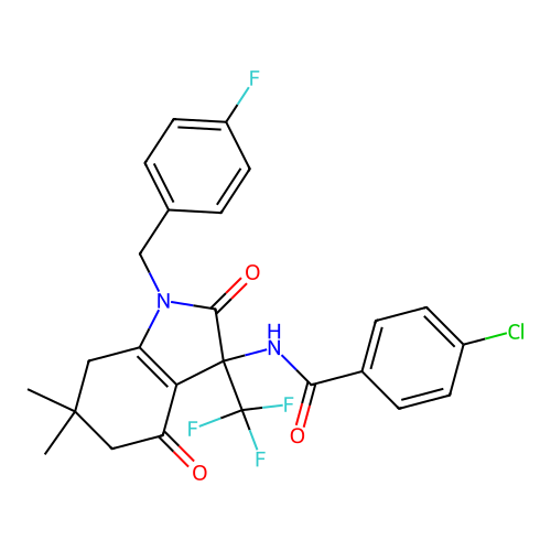 4-chloro-N-[1-(4-fluorobenzyl)-6,6-dimethyl-2,4-dioxo-3-(trifluoromethyl)-2,3,4,5,6,7-hexahydro-1H-indol-3-yl]benzamide structure