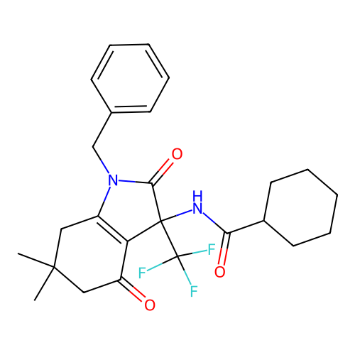 N-(1-benzyl-6,6-dimethyl-2,4-dioxo-3-(trifluoromethyl)-2,3,4,5,6,7-hexahydro-1H-indol-3-yl)cyclohexanecarboxamide structure