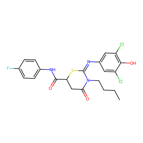 (2Z)-3-butyl-2-[(3,5-dichloro-4-hydroxyphenyl)imino]-N-(4-fluorophenyl)-4-oxo-1,3-thiazinane-6-carboxamide structure