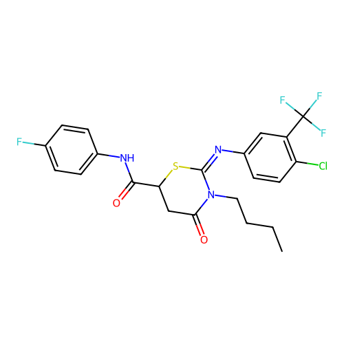 (2Z)-3-butyl-2-{[4-chloro-3-(trifluoromethyl)phenyl]imino}-N-(4-fluorophenyl)-4-oxo-1,3-thiazinane-6-carboxamide structure