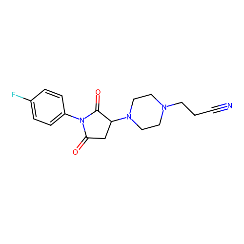 3-{4-[1-(4-Fluorophenyl)-2,5-dioxopyrrolidin-3-yl]piperazin-1-yl}propanenitrile structure