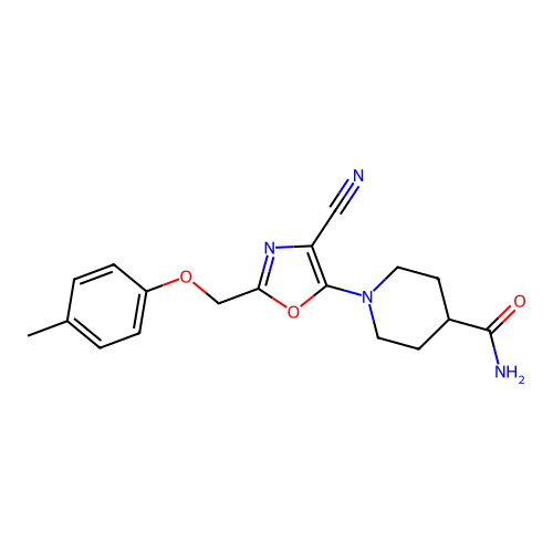 1-{4-Cyano-2-[(4-methylphenoxy)methyl]-1,3-oxazol-5-yl}piperidine-4-carboxamide structure