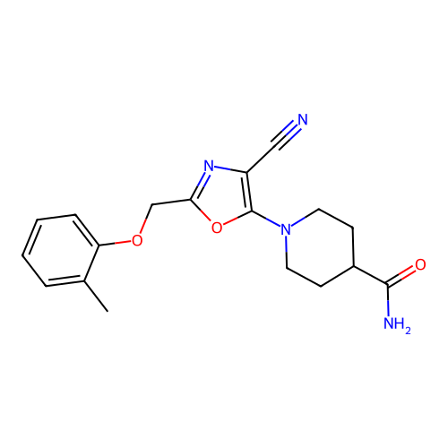 1-{4-Cyano-2-[(2-methylphenoxy)methyl]-1,3-oxazol-5-yl}piperidine-4-carboxamide structure