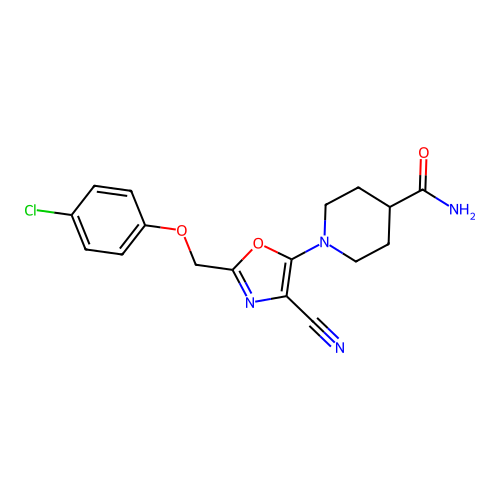 1-{2-[(4-Chlorophenoxy)methyl]-4-cyano-1,3-oxazol-5-yl}piperidine-4-carboxamide structure