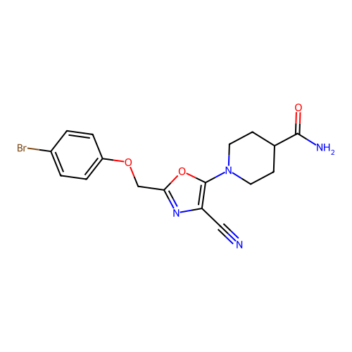 1-{2-[(4-Bromophenoxy)methyl]-4-cyano-1,3-oxazol-5-yl}piperidine-4-carboxamide structure