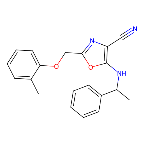 2-[(2-Methylphenoxy)methyl]-5-(1-phenylethylamino)-1,3-oxazole-4-carbonitrile structure