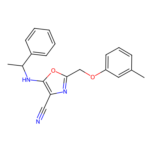 2-[(3-Methylphenoxy)methyl]-5-[(1-phenylethyl)amino]-1,3-oxazole-4-carbonitrile structure