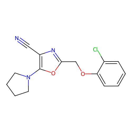 2-[(2-Chlorophenoxy)methyl]-5-(pyrrolidin-1-yl)-1,3-oxazole-4-carbonitrile structure