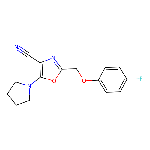 2-(4-Fluoro-phenoxymethyl)-5-pyrrolidin-1-yl-oxazole-4-carbonitrile structure