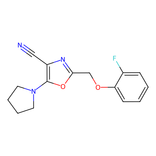 2-[(2-Fluorophenoxy)methyl]-5-(pyrrolidin-1-yl)-1,3-oxazole-4-carbonitrile structure