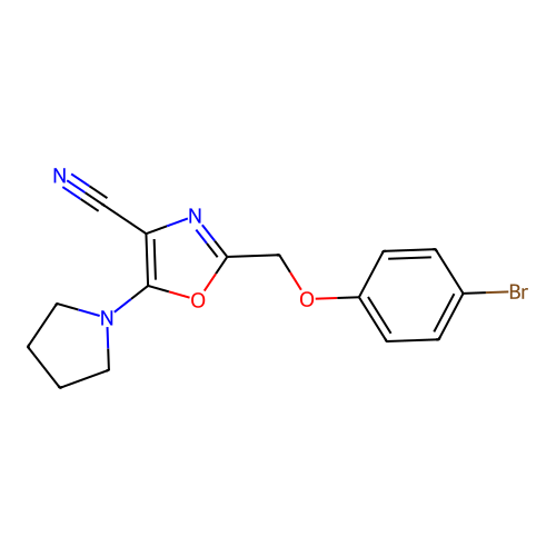 2-[(4-Bromophenoxy)methyl]-5-pyrrolidin-1-yl-1,3-oxazole-4-carbonitrile structure