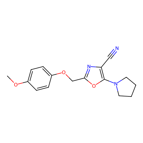 2-[(4-Methoxyphenoxy)methyl]-5-(pyrrolidin-1-yl)-1,3-oxazole-4-carbonitrile structure