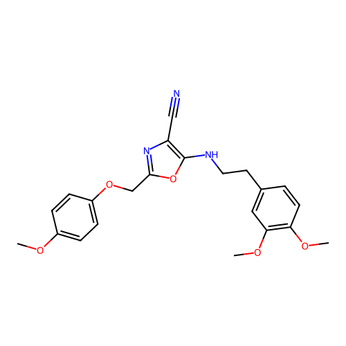5-{[2-(3,4-dimethoxyphenyl)ethyl]amino}-2-[(4-methoxyphenoxy)methyl]-1,3-oxazole-4-carbonitrile structure