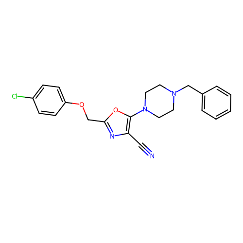 5-(4-benzylpiperazin-1-yl)-2-[(4-chlorophenoxy)methyl]-1,3-oxazole-4-carbonitrile structure