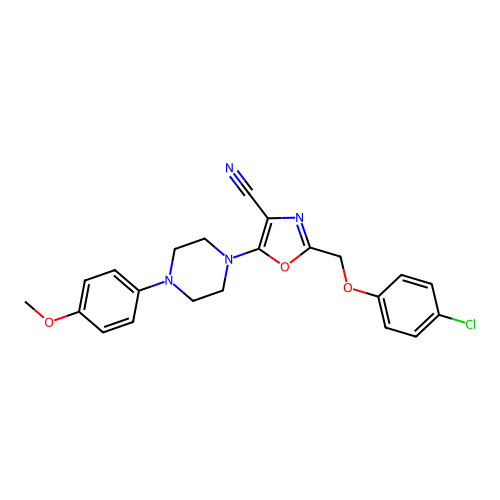 2-[(4-chlorophenoxy)methyl]-5-[4-(4-methoxyphenyl)piperazin-1-yl]-1,3-oxazole-4-carbonitrile structure
