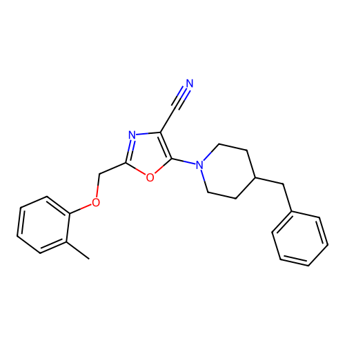 5-(4-benzylpiperidin-1-yl)-2-[(2-methylphenoxy)methyl]-1,3-oxazole-4-carbonitrile structure