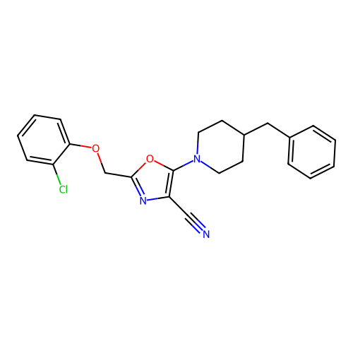 5-(4-benzylpiperidin-1-yl)-2-[(2-chlorophenoxy)methyl]-1,3-oxazole-4-carbonitrile structure