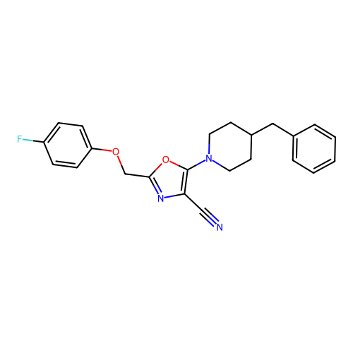 5-(4-benzylpiperidin-1-yl)-2-[(4-fluorophenoxy)methyl]-1,3-oxazole-4-carbonitrile structure
