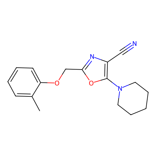 2-[(2-Methylphenoxy)methyl]-5-(piperidin-1-yl)-1,3-oxazole-4-carbonitrile structure