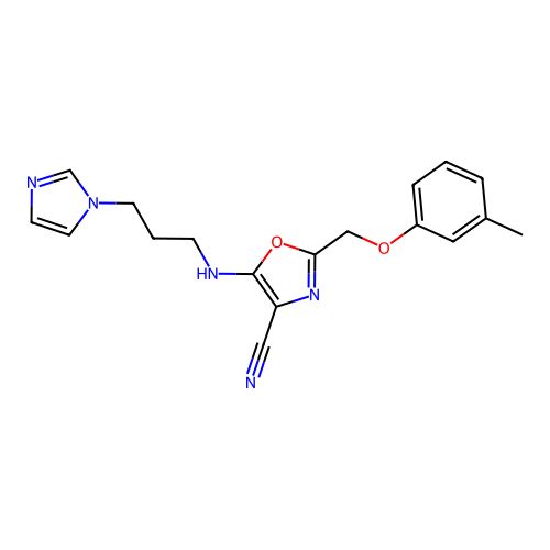 5-((3-(1H-imidazol-1-yl)propyl)amino)-2-((m-tolyloxy)methyl)oxazole-4-carbonitrile structure