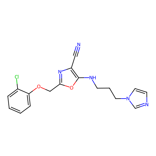 2-[(2-chlorophenoxy)methyl]-5-(3-imidazol-1-ylpropylamino)-1,3-oxazole-4-carbonitrile structure