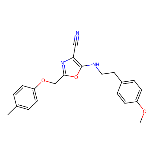 5-{[2-(4-methoxyphenyl)ethyl]amino}-2-[(4-methylphenoxy)methyl]-1,3-oxazole-4-carbonitrile structure