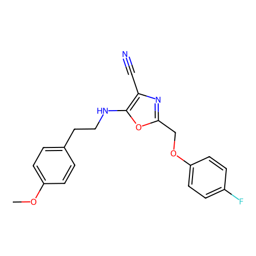 2-[(4-fluorophenoxy)methyl]-5-{[2-(4-methoxyphenyl)ethyl]amino}-1,3-oxazole-4-carbonitrile structure
