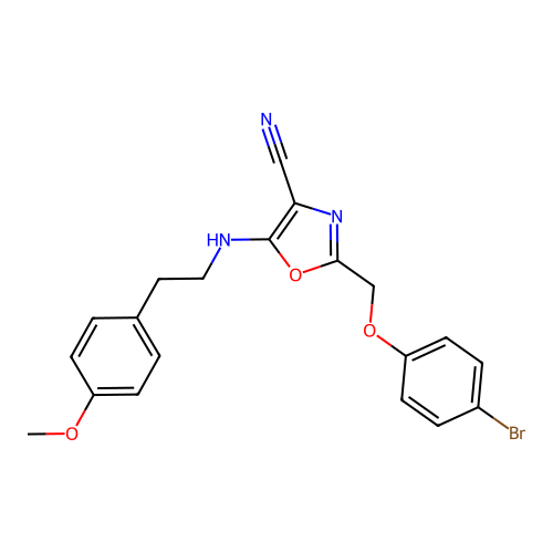 2-[(4-bromophenoxy)methyl]-5-{[2-(4-methoxyphenyl)ethyl]amino}-1,3-oxazole-4-carbonitrile structure