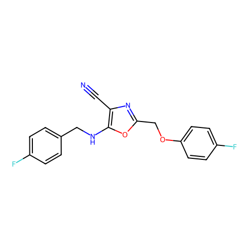 5-[(4-Fluorobenzyl)amino]-2-[(4-fluorophenoxy)methyl]-1,3-oxazole-4-carbonitrile structure