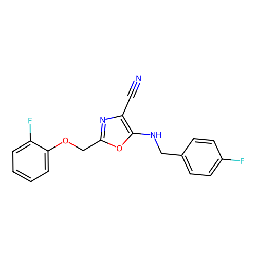 2-[(2-fluorophenoxy)methyl]-5-[(4-fluorophenyl)methylamino]-1,3-oxazole-4-carbonitrile structure