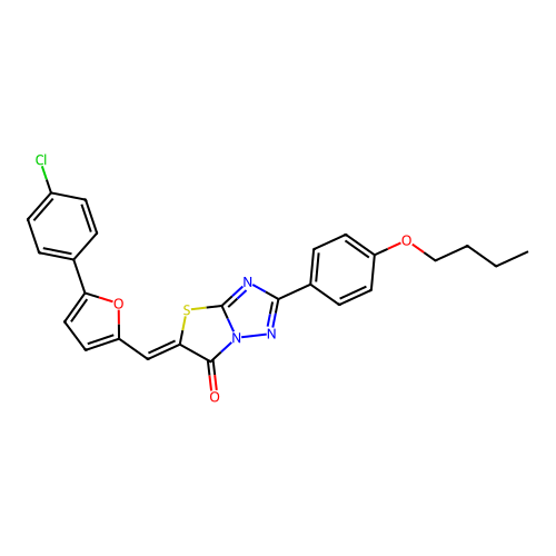 (5Z)-2-(4-butoxyphenyl)-5-{[5-(4-chlorophenyl)furan-2-yl]methylidene}[1,3]thiazolo[3,2-b][1,2,4]triazol-6(5H)-one structure