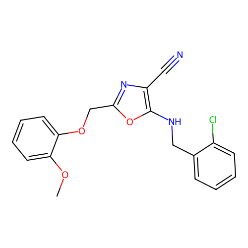 5-(2-Chloro-benzylamino)-2-(2-methoxy-phenoxymethyl)-oxazole-4-carbonitrile structure