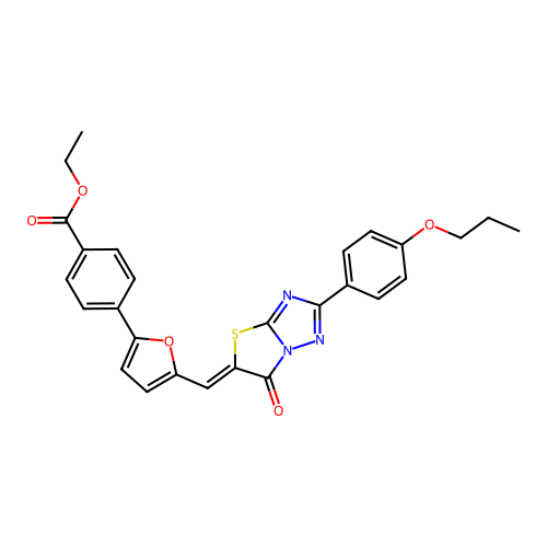 (Z)-ethyl 4-(5-((6-oxo-2-(4-propoxyphenyl)thiazolo[3,2-b][1,2,4]triazol-5(6H)-ylidene)methyl)furan-2-yl)benzoate structure