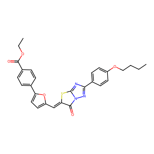 (Z)-ethyl 4-(5-((2-(4-butoxyphenyl)-6-oxothiazolo[3,2-b][1,2,4]triazol-5(6H)-ylidene)methyl)furan-2-yl)benzoate structure