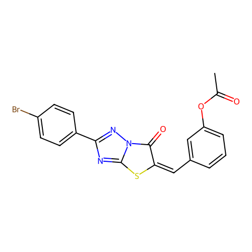 3-[(E)-(2-(4-bromophenyl)-6-oxo[1,3]thiazolo[3,2-b][1,2,4]triazol-5(6H)-ylidene)methyl]phenyl acetate structure