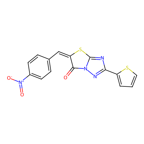 (E)-5-(4-nitrobenzylidene)-2-(thiophen-2-yl)thiazolo[3,2-b][1,2,4]triazol-6(5H)-one structure
