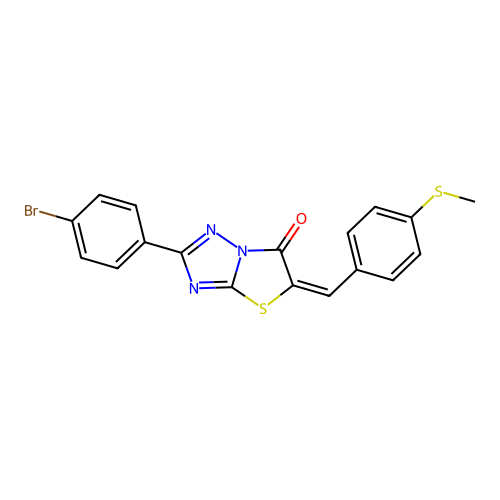 (5E)-2-(4-bromophenyl)-5-[4-(methylsulfanyl)benzylidene][1,3]thiazolo[3,2-b][1,2,4]triazol-6(5H)-one structure
