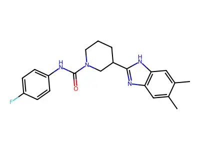 3-(5,6-dimethyl-1H-benzimidazol-2-yl)-N-(4-fluorophenyl)piperidine-1-carboxamide structure
